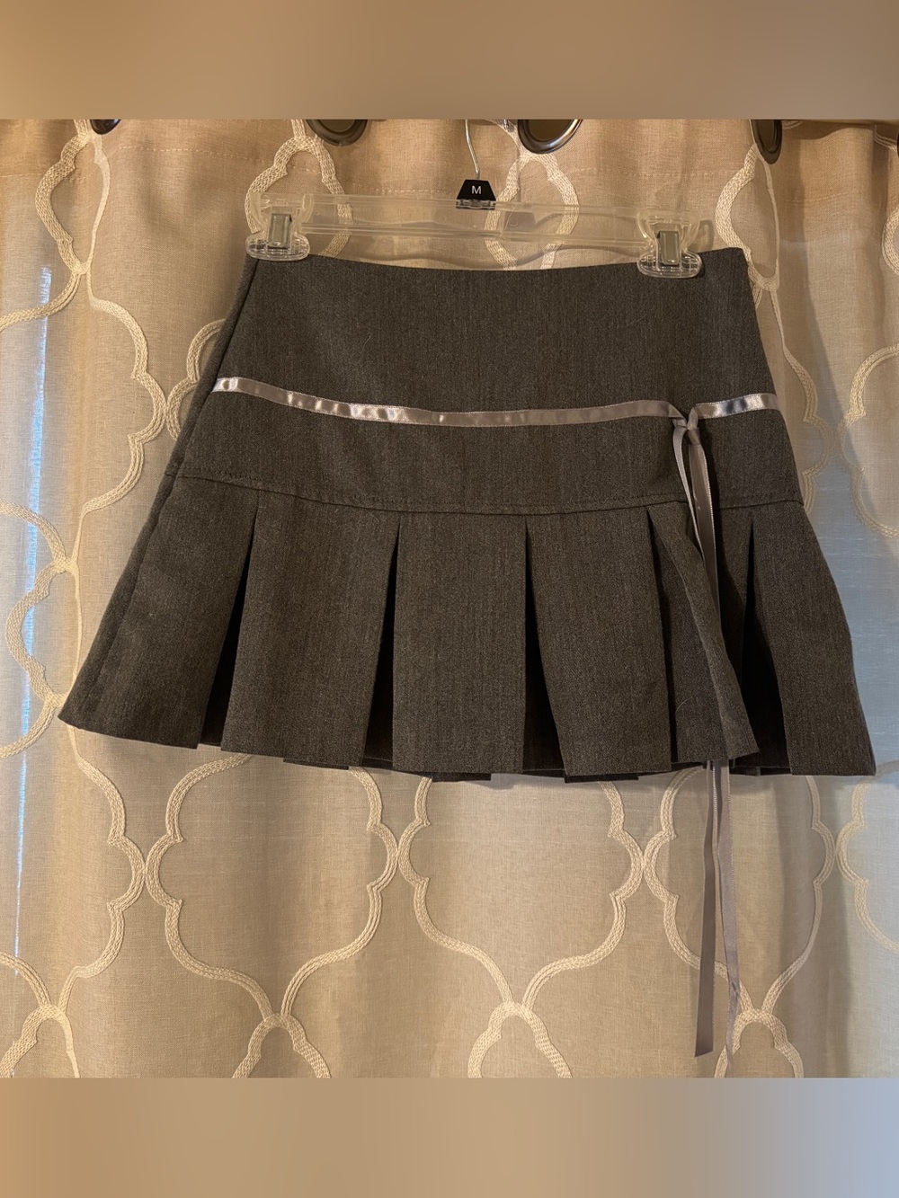Pleated Circle Mini Skirt with Satin Ribbon - Gray